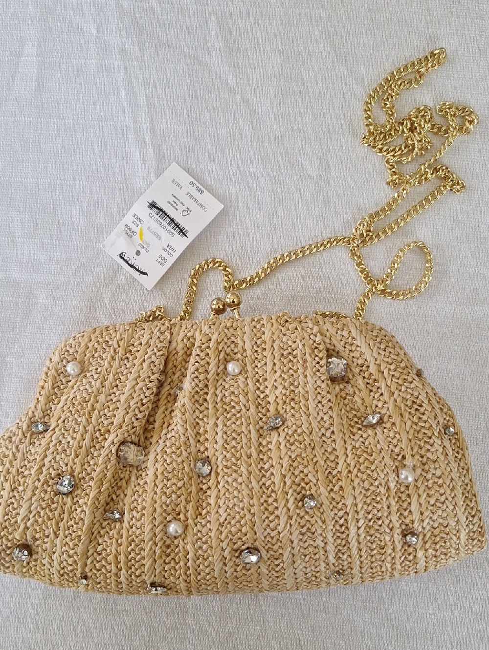 J. Crew Jeweled Woven Clutch Purse Straw Rhinestone Pearl Gold Chain NEW $89.50